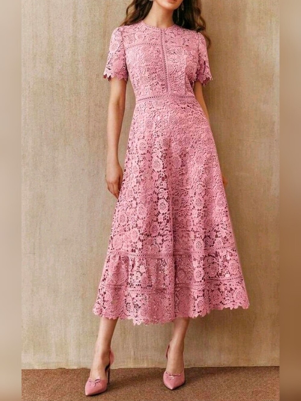 New Embroidered Floral Lace Ruffle Hem Midi Dress Short Sleeve Pink